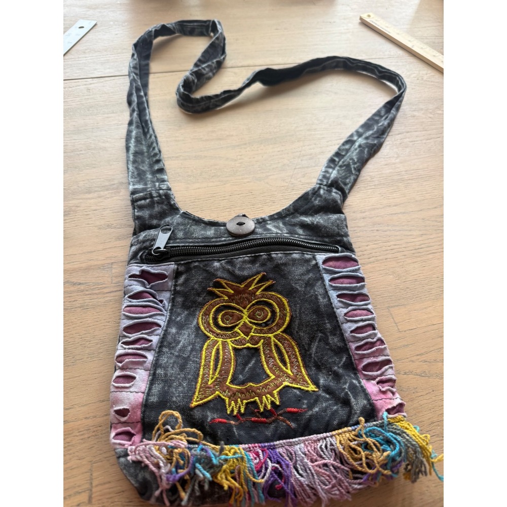 Boho Embroidered Owl Crossbody Bag Acid Wash Denim Fringe Festival Pouch Black